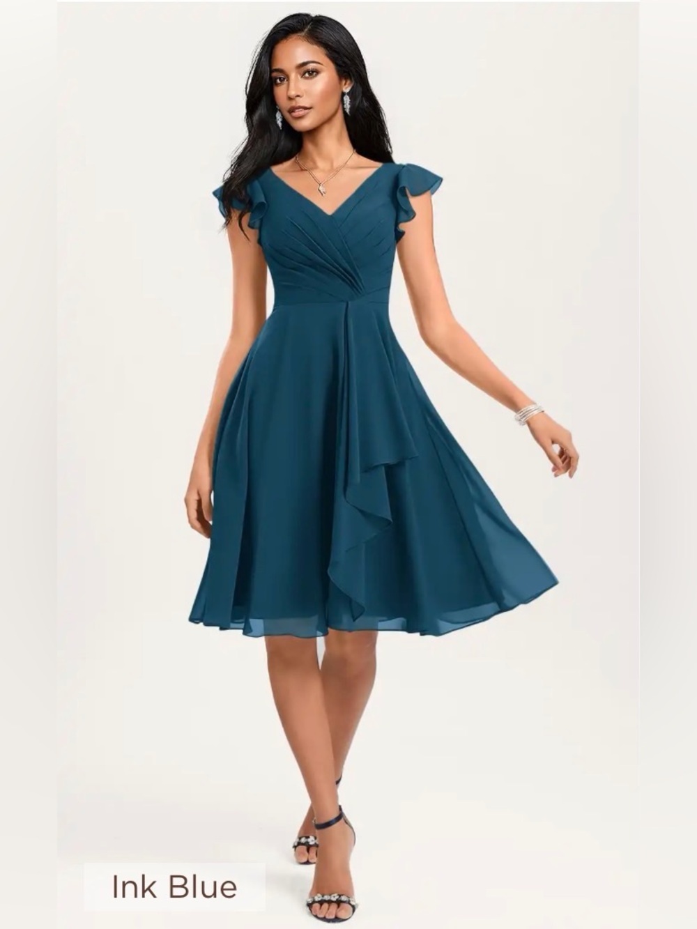 JJ's House Lubaika Ink Blue A-line Ruffle Chiffon Dress, Size Small NWT